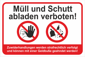 Schild mit roten Verbotszeichen und Aufschrift Schwarz Müll und Schutt abladen verboten